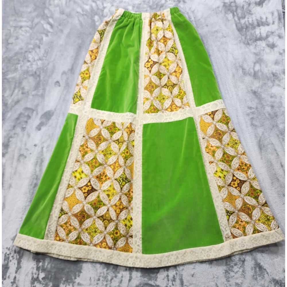Vintage 70s Chessa Davis Skirt Women S Green Quilted Patchwork Velvet Lace‎ Maxi - Picture 4 of 12